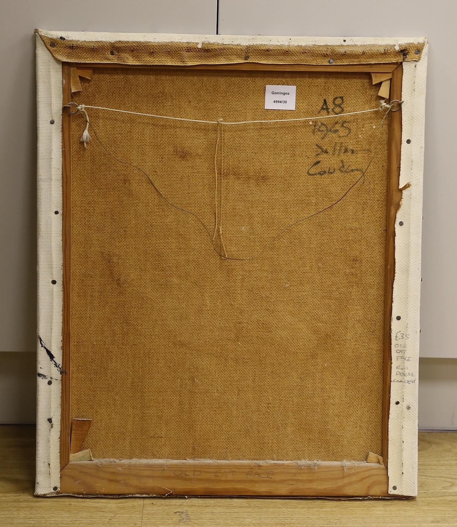 Modern British, oil on canvas, 'Old Cat Face', inscribed and dated 1965 verso, 61 x 51cm, unframed